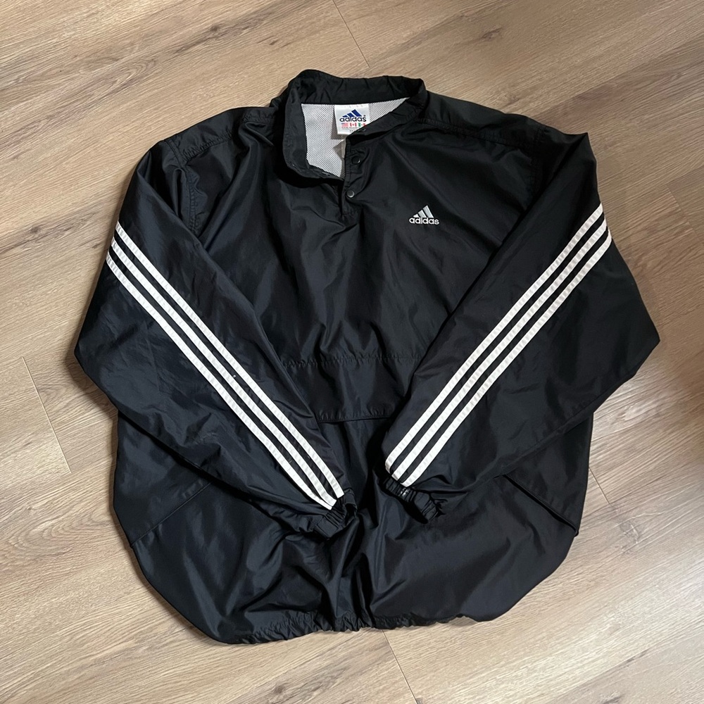 Vintage Adidas Men's Black Windbreaker with White Stripes